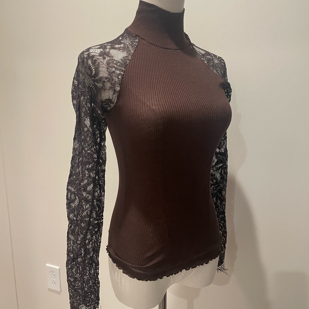 Elegant Brown Lace Sleeve Women's Top